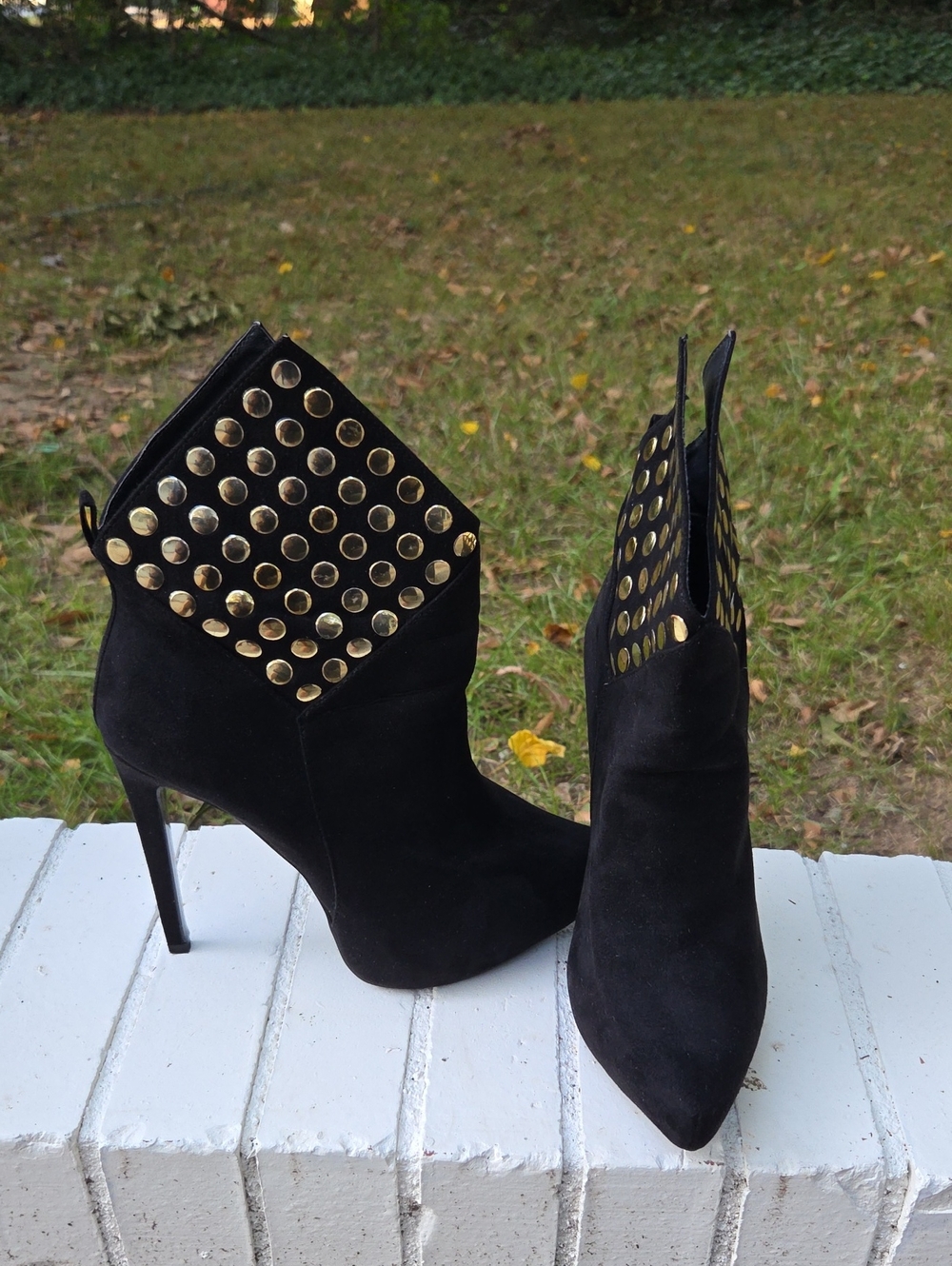 Shoe Dazzle Black Suede Ankle Booties with Gold Stud Accents